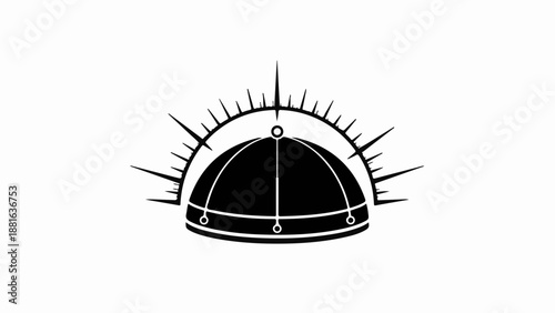 Stylized black and white illustration of a sunburst emanating from a helmet.