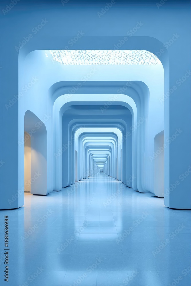 Fototapeta premium Blue futuristic hallway with a series of rounded archways forming a long tunnel. Concept Blue futuristic hallway, Rounded archways, Long tunnel perspective, Sci-fi architecture, Neon blue lighting