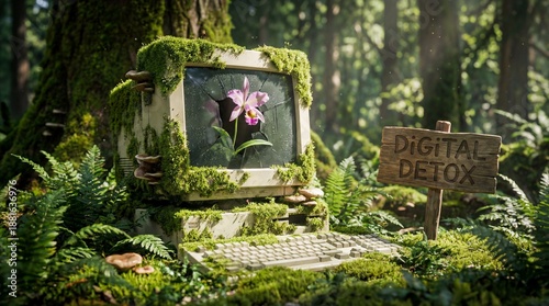 Digital Detox Concept with Old Computer Covered in Moss and Flowers in Forest