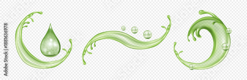 Splashes of clear aloe vera gel, isolated set of whirls of vegetation juice. Vector realistic swirl spatters of first aid plant with drops and bubbles. Health and healing, beauty and home care