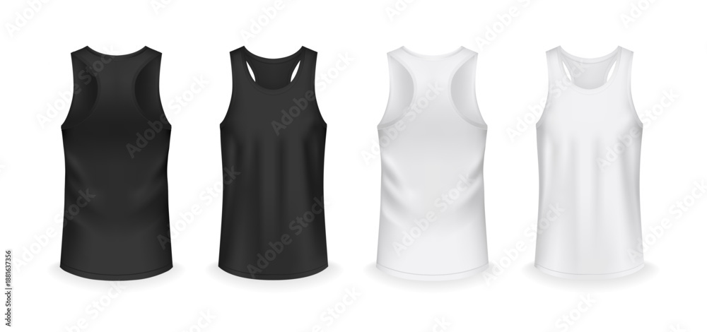Obraz premium Shirts with no sleeve, sleeveless tshirts for men and women. Vector realistic style, isolated set of basic comfortable clothing for sports and everyday activities. Mockup of clothes, branding and ads