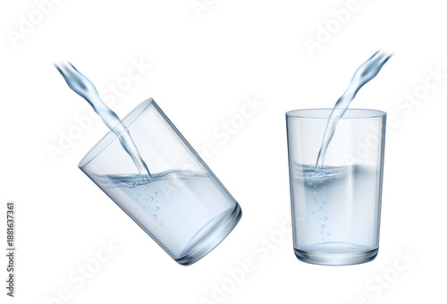 Organic and natural spring water with splashes pouring in cup or glass. Vector isolated stream of liquid spilling into glassware. Health and nourishment, dieting and balanced eating habits