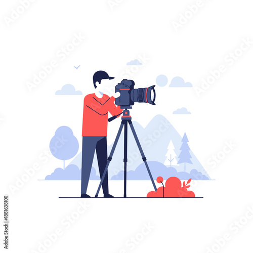 Photographer using professional camera on tripod in nature landscape, flat illustration