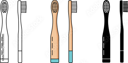 Eco-friendly bamboo toothbrush set in line art, flat color, and silhouette styles for zero waste lifestyle.