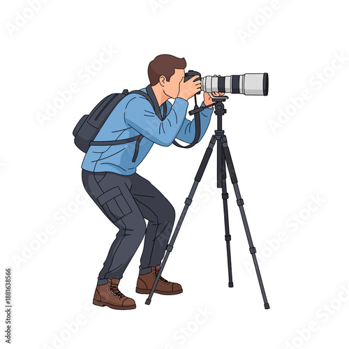 Man with camera on tripod shooting wildlife, vector illustration, nature hobby