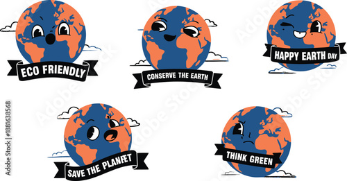 Five animated planet Earth characters express various emotions with banners promoting ecological messages