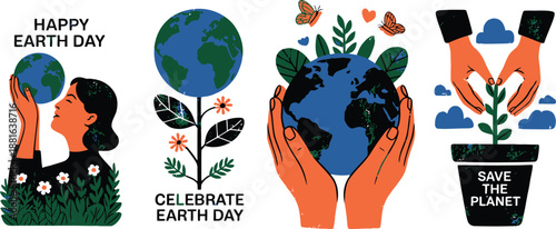 Four heartwarming illustrations celebrating Earth Day with people, plants, and hands caring for the planet
