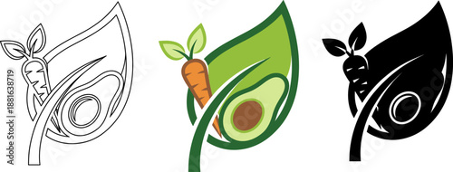 Healthy organic food concept with avocado carrot and fresh vegetable basket icon set.