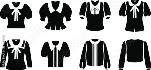 Women Blouse and Shirt Icons Set, Vector Silhouette Collection of Female Fashion Tops