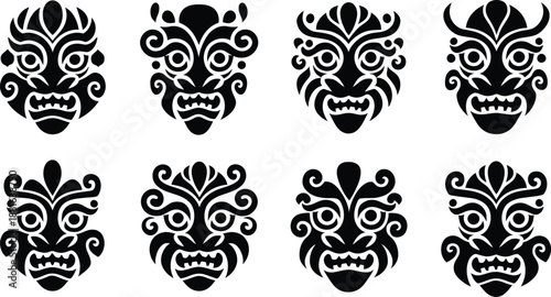 Tribal Mask Set. Polynesian Tiki Totem Faces. Maori Tattoo Style Vector Icons.