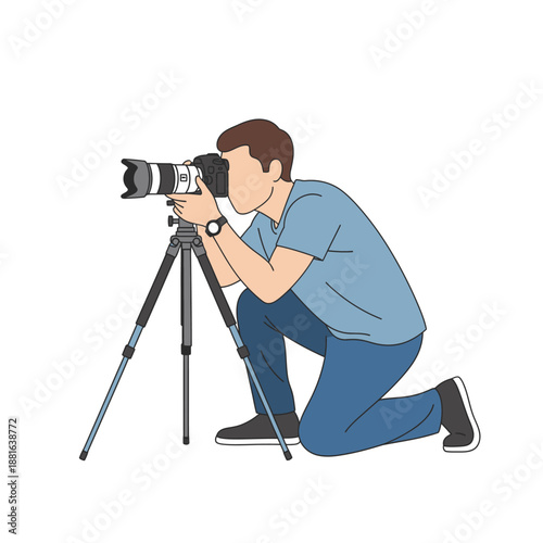 Man Photographer Kneeling with Camera on Tripod, Capturing Image