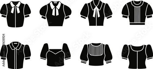 Women Blouse and Shirt Icons Set, Vector Silhouette Collection of Female Fashion Tops