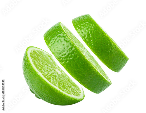 Slice of green lime flying isolated on transparent or white background