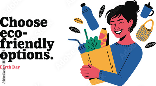 Happy woman promotes eco friendly options and sustainable living on Earth Day