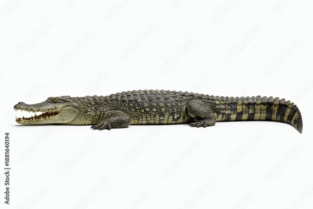 Obraz premium Crocodile Lying Parallel to Camera Isolated on White Background in Professional Stock Photography Style