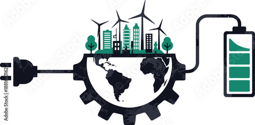 Plug supplies power to a city on an earth gear which connects to a charging battery indicator