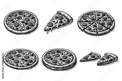 Hand drawn black and white pizzas and slices with vintage etching style
