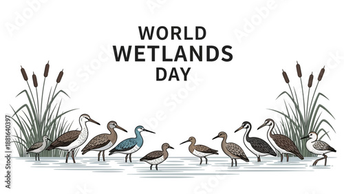 Illustration of various ducks and waterbirds standing in shallow water with cattails on World Wetlands Day against a white background.