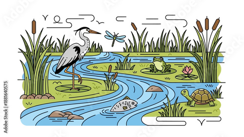 Illustration of a serene wetland ecosystem with a heron, turtle, fish, and dragonfly amidst cattails and winding waterways, celebrating World Wetlands Day.