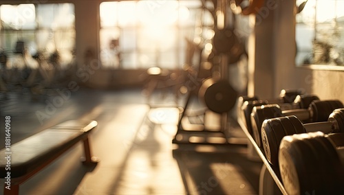 Interior gym shot at dawn, featuring equipment bathed in warm sunlight filtering through windows