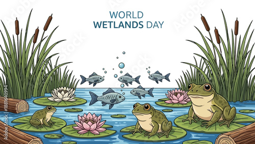 Illustration of frogs and fish in a serene wetland pond with lily pads and aquatic plants on World Wetlands Day.