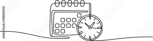 Continuous one single line drawing of calendar and clock icon.one line vector illustration with white background