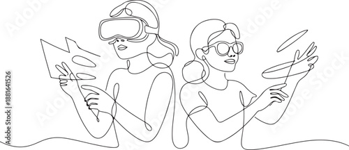 drawing girl and girl in glasses device virtual reality.one line vector illustration with white background