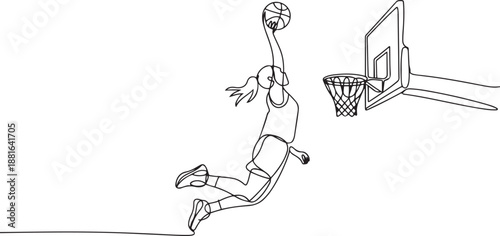 female basketball player doing a dunk.one line vector illustration with white background