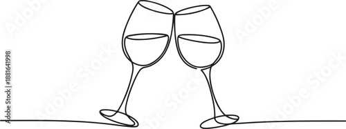 Hand drawn wine clinking glasses one line art continuous drawing contour.one line vector illustration with white background