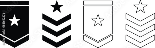 Military rank insignia icons set, sergeant and officer chevron badges with stars, vector illustration.