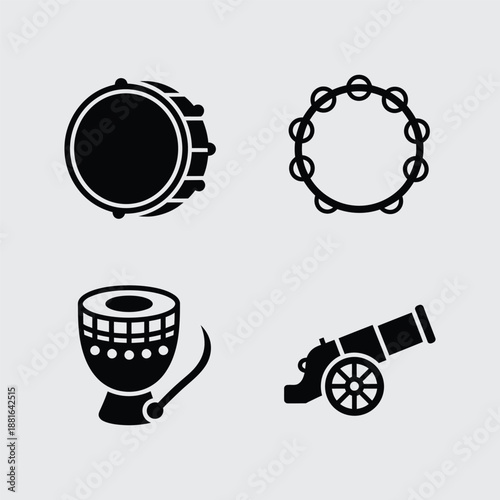 Musical instruments and ancient weapon icons: drum, tambourine, and cannon silhouette