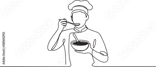 One continuous line drawing of young male chef tasting and smiling soup curry with wooden spoon.one line vector illustration with white background