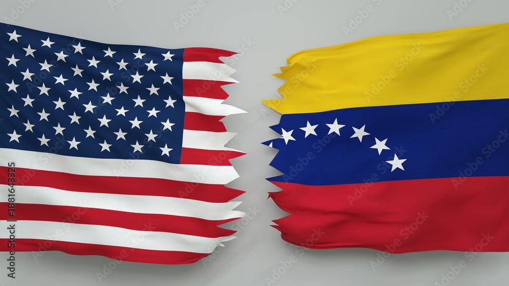 Obraz premium Torn banner representing diplomatic relations between the USA and Venezuela