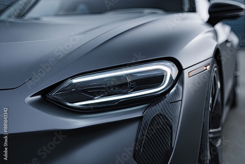 Sleek, metallic-grey coupe, detailed close-up of headlight and front fender. Dramatic lighting