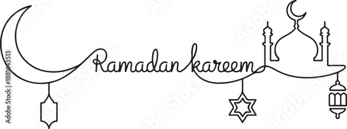 Ramadan kareem in one continuous line drawing.one line vector illustration with white background
