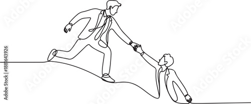 Single continuous line drawing of young male energetic businessman holding hands his partner to help climbing the hill.one line vector illustration with white background