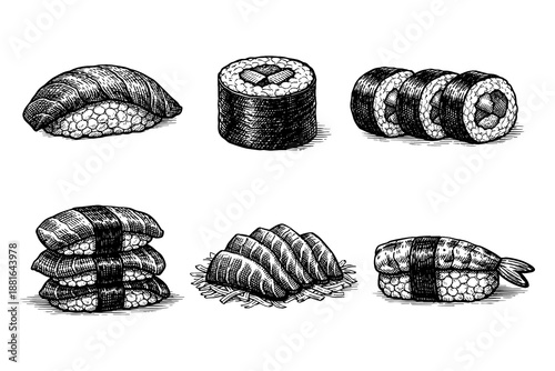 Hand drawn sushi selection: nigiri, maki, and temaki in detailed black ink art