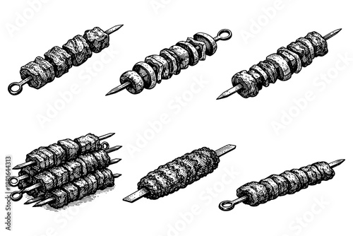Grilled meat skewers in vintage engraving style for culinary designs