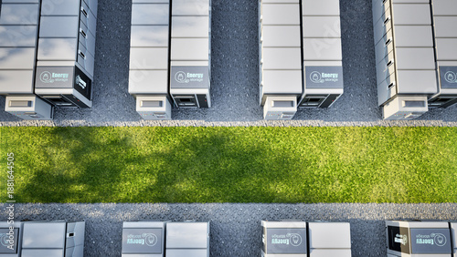 Fotografi Group of energy storage systems or battery container units top view