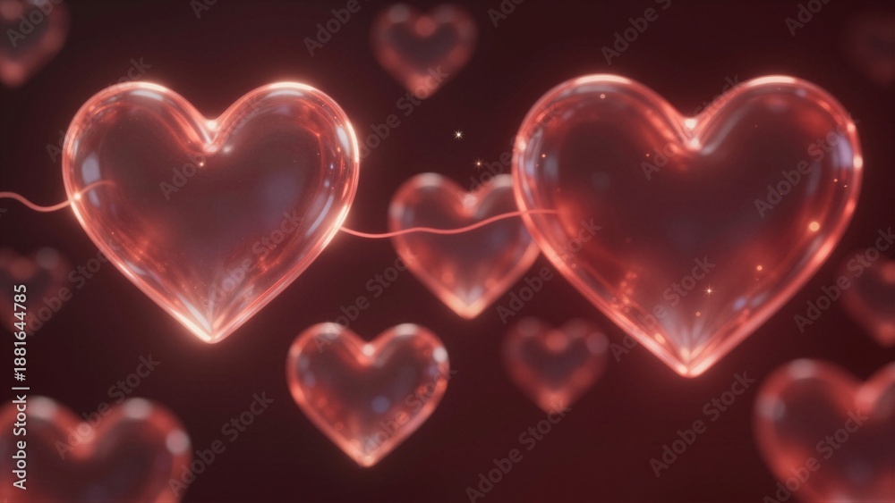 Obraz premium Translucent glowing glass hearts connected by a luminous neon wire, representing digital human connection and modern emotional networking.