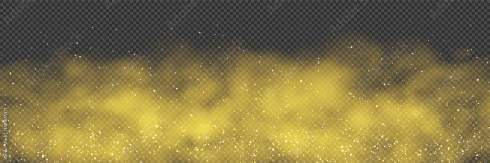 Fototapeta premium A yellow misty bg with golden sparks of fire. Yellowish witchcraft smoke with sparkles. A spooky witchy fog or vapor with stars. Vector illustration with gradient mesh and overlay effects