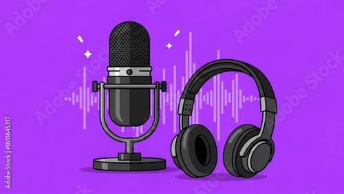 A vector graphic illustration of a microphone and headphones on a purple background