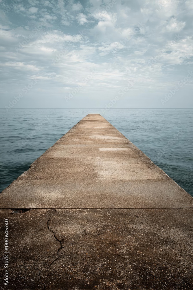 Fototapeta premium A weathered concrete pier stretches into a calm sea under a cloudy sky. Concept Weathered Pier, Calm Sea, Cloudy Sky, Moody Atmosphere, Nautical Photography