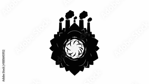 Industrial factory silhouette with smoke stacks integrated into a floral design, symbolizing pollution and nature conflict.