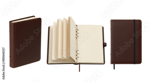 Brown leather notebooks, closed and open, isolated on transparent background
