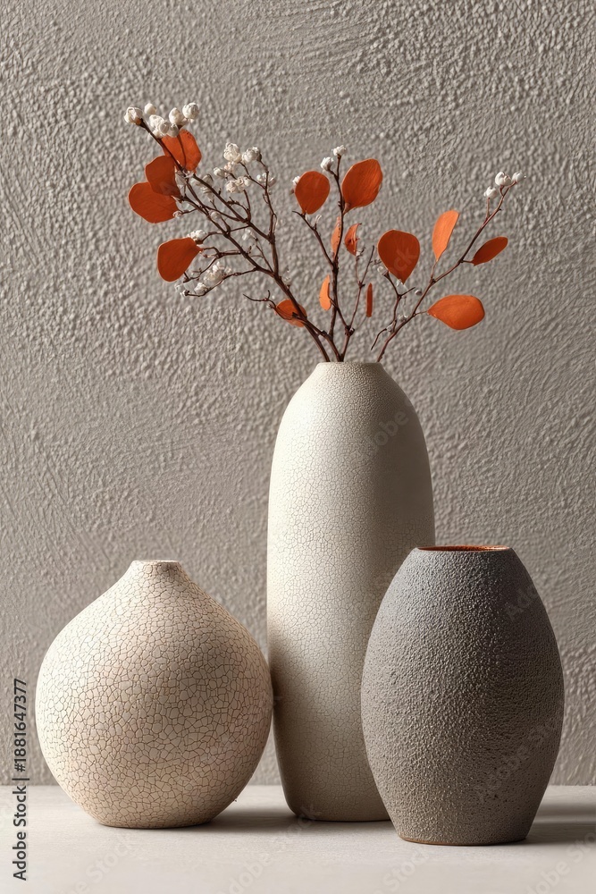 Fototapeta premium Three ceramic vases of different shapes with a twig of orange leaves and white buds against a textured wall. Concept Still Life, Ceramic Vases, Orange Leaves, White Buds, Textured Wall
