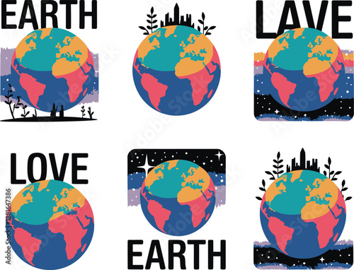 Six round Earth illustrations featuring uplifting messages like Earth Love and environmental symbols