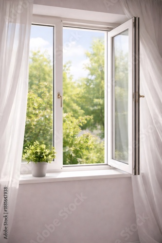 Open window bringing fresh air and green tree views