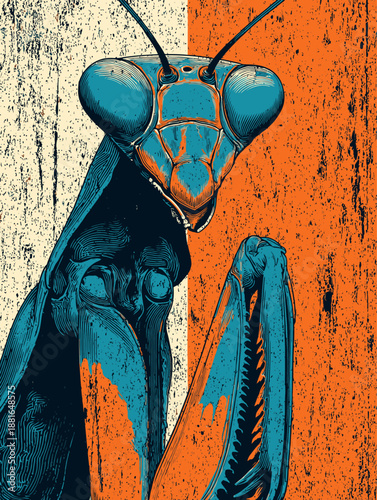 Detailed Mantis Head Illustration with Sharp Whiskers and Intense Gaze