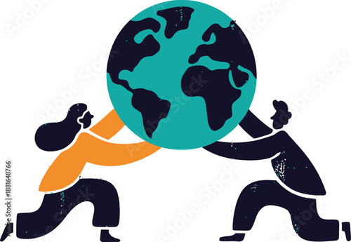 Two stylized people work together, collaboratively supporting a large world globe